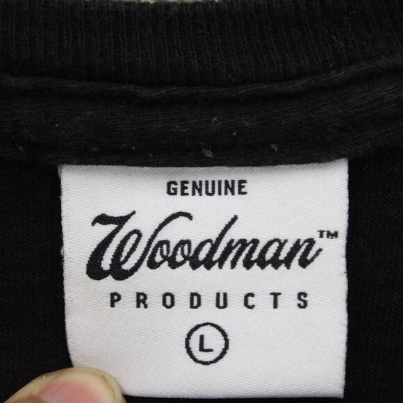 Woodman Shirt Mens Large L Black Short Sleeve Cherry Mouth Graphic Art Retro - Picture 7 of 9